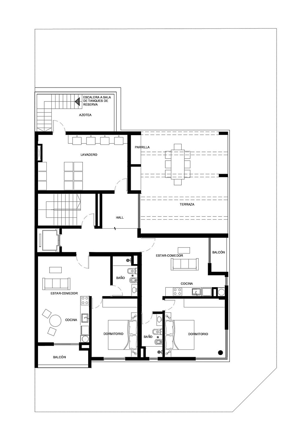 Plano de la planta terraza del Edificio Emilia III con parrilla y estar
