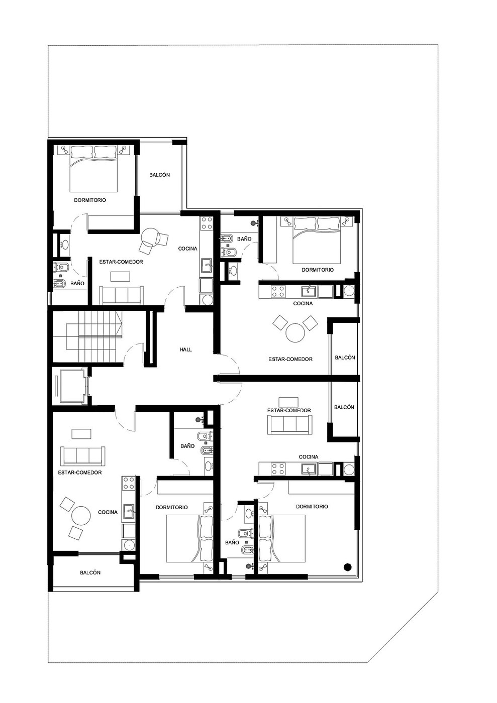 Plano de planta tipo del Edificio Emilia III — 4 departamentos de 2 ambientes