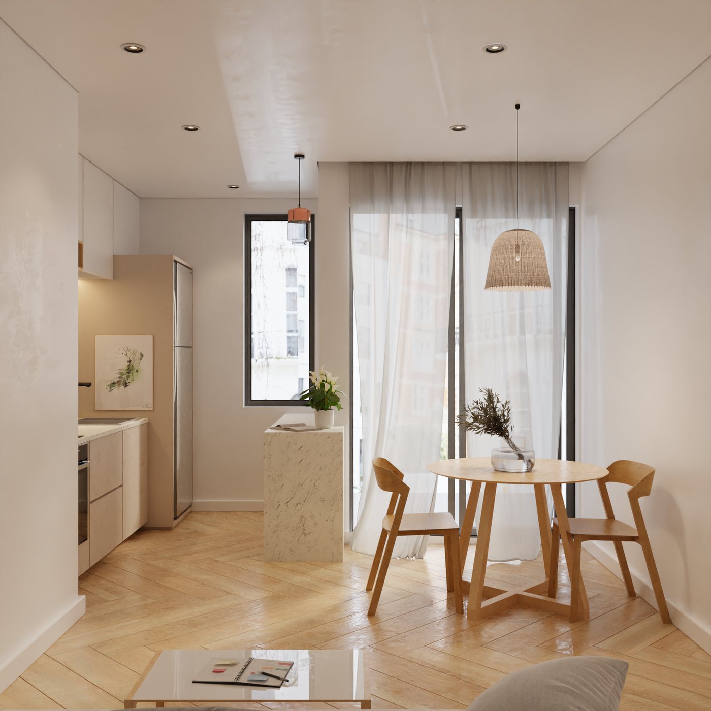 Render interior del Departamento 2 — living y cocina