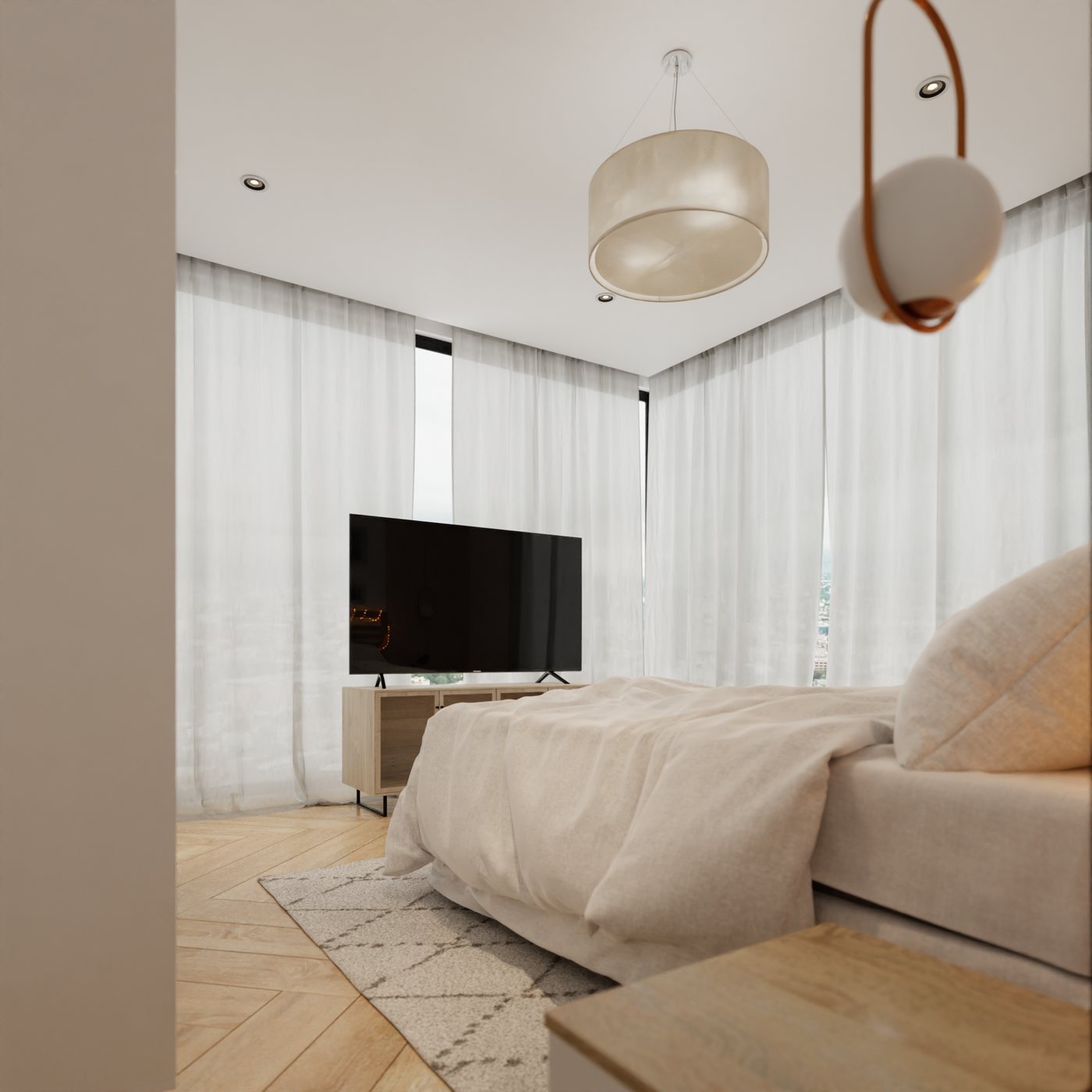 Render interior del Departamento 3 — living y cocina