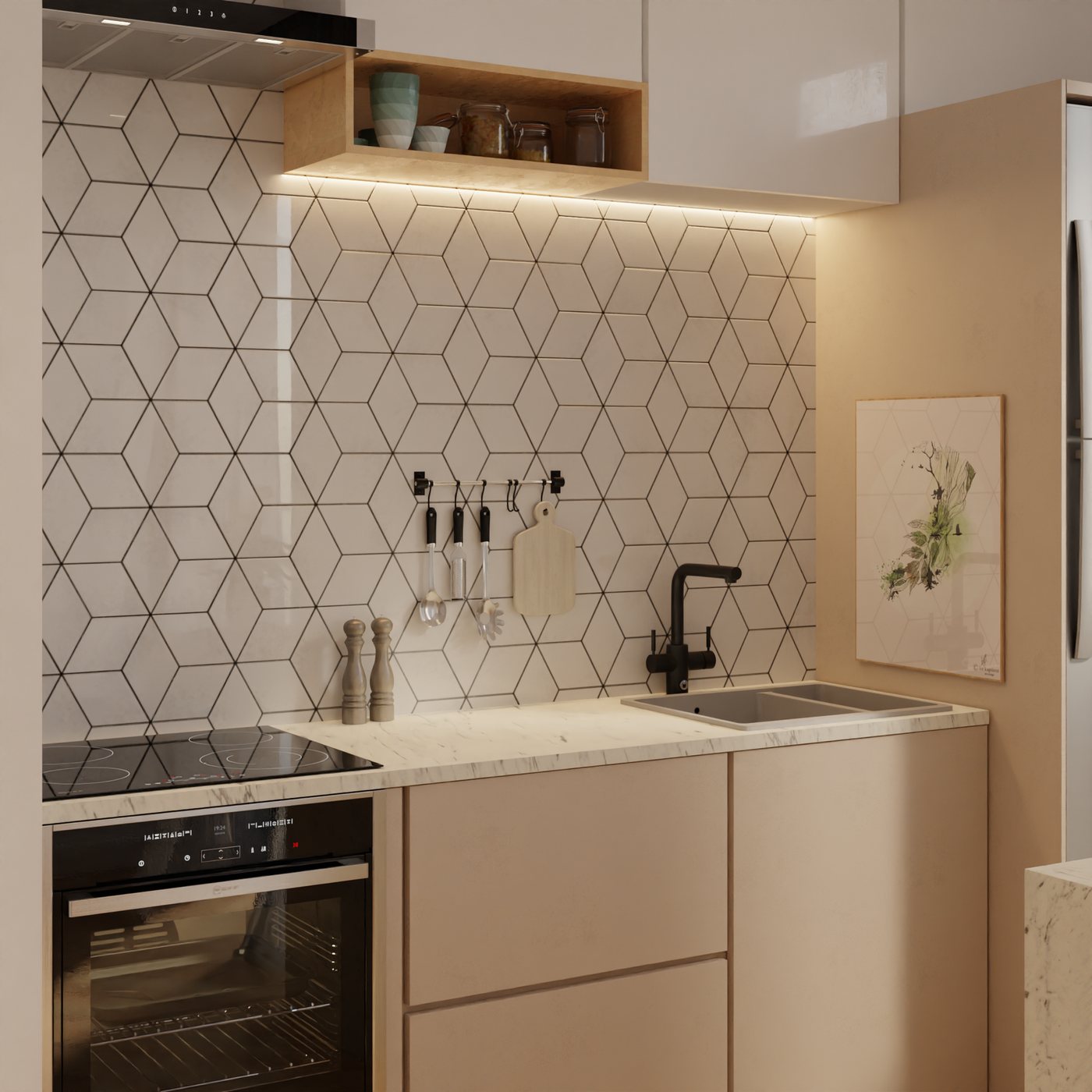Render interior del Departamento 4 — living y cocina